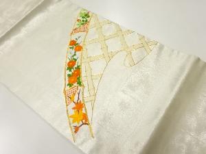 リサイクル　光悦垣に草花模様刺繍開き名古屋帯（額縁仕立て）